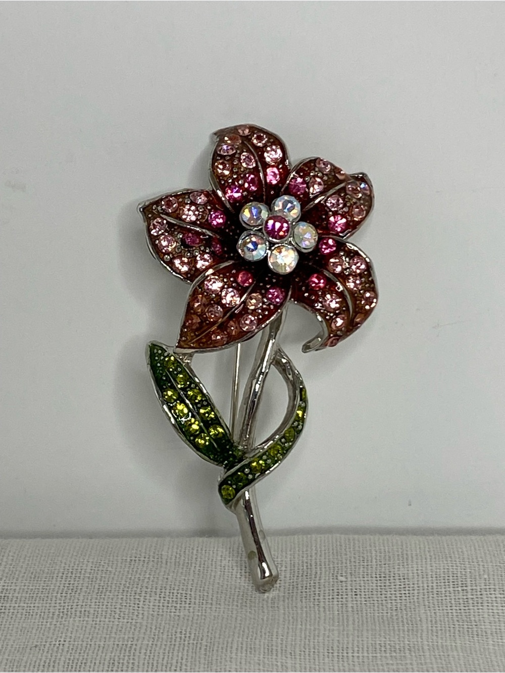 Signed M&M Pink Rhinestone Flower Brooch AB Crystal Green Leaf Floral Pin